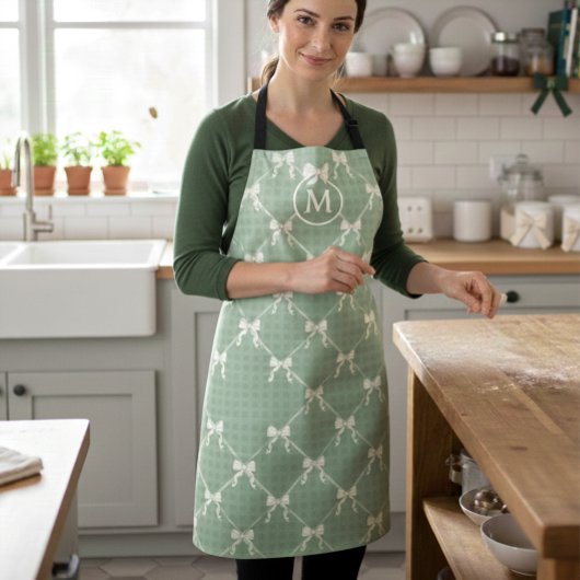 Coquette Bows Gingham Monogram Cream Sage Green Schürze