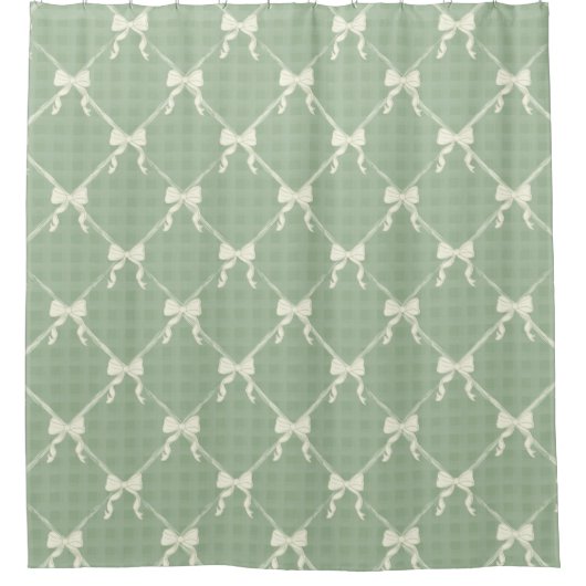 Coquette Bows Gingham Pattern Cream Sage Green Duschvorhang (Vorderseite)