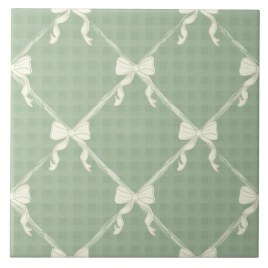 Coquette Bows Gingham Pattern Cream Sage Green Fliese (Vorderseite)