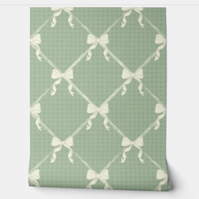 Coquette Bows Gingham Pattern Cream Sage Green  Tapete (Abrollen)