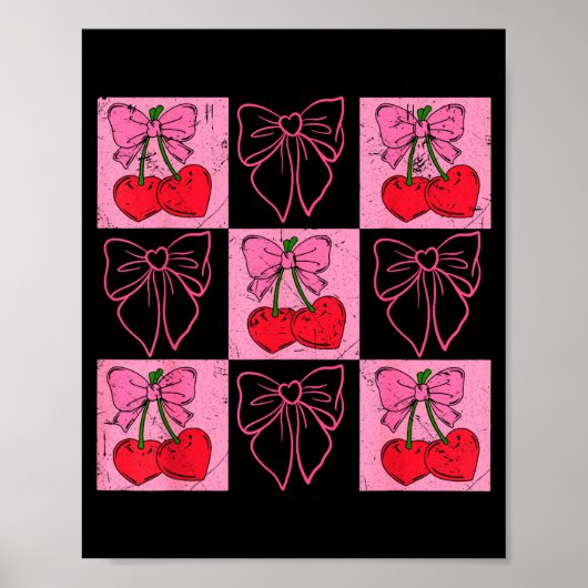Coquette Checkred Pink Bow And Red Cherries Valent Poster (Vorne)