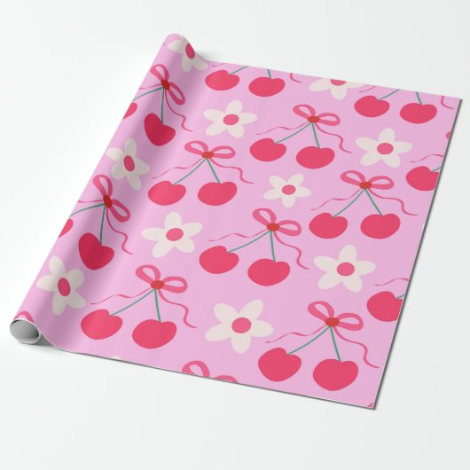 Coquette Cherries mit roten Bögen und weißen Blume Geschenkpapier (Ungerollt)