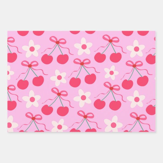 Coquette Cherries mit roten Bögen und weißen Blume Geschenkpapier Set (Vorderseite 2)