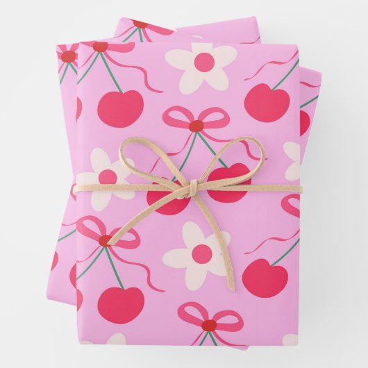Coquette Cherries mit roten Bögen und weißen Blume Geschenkpapier Set (Beispiel)