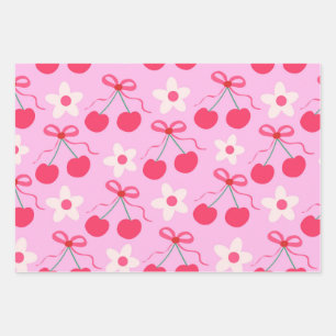 Coquette Cherries mit roten Bögen und weißen Blume Geschenkpapier Set