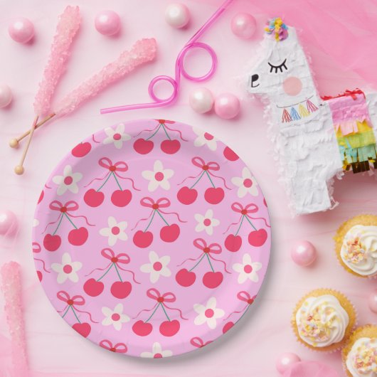Coquette Cherries mit roten Bögen und weißen Blume Pappteller (Party)