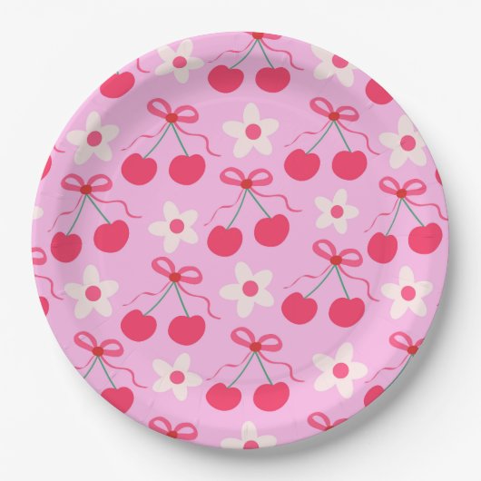 Coquette Cherries mit roten Bögen und weißen Blume Pappteller (Vorderseite)
