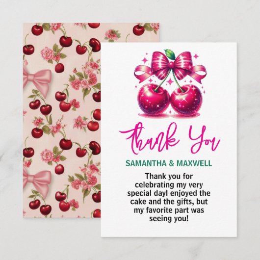 Coquette Cherry 1. Geburtstag Party Dankeskarte (Vorne/Hinten)