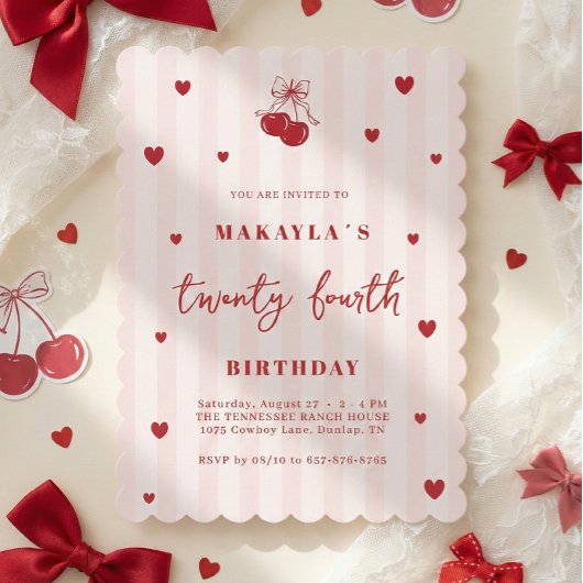 Coquette Cherry 24th Heart Aesthetic Birthday Einladung