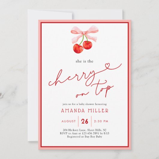 Coquette Cherry auf Top Baby Girl Dusche Einladung (Vorderseite)