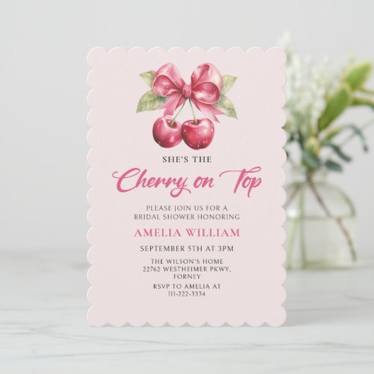 Coquette Cherry auf Top Bridal Dusche Einladung (Stehend Vorderseite)