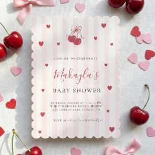 Coquette Cherry Baby Shower Rosa Gestreift Vintage Einladung