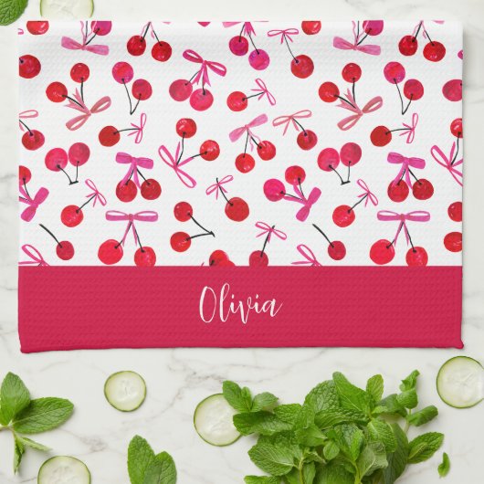 Coquette Cherry & bow pattern Geschirrtuch (Gefaltet)