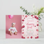 Coquette Cherry Erstgeburtstag Foto Einladung (Stehend Vorderseite)