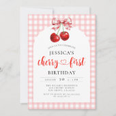 Coquette Cherry First Birthday Red Cherry Birthday Einladung (Vorderseite)