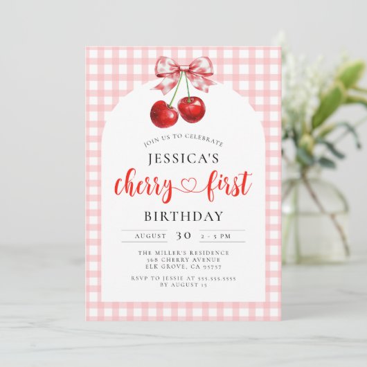 Coquette Cherry First Birthday Red Cherry Birthday Einladung (Stehend Vorderseite)