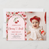 Coquette Cherry First Birthday Red Cherry Birthday Einladung (Vorderseite)