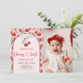 Coquette Cherry First Birthday Red Cherry Birthday Einladung (Stehend Vorderseite)
