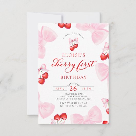 Coquette Cherry First Geburtstag Einladung (Vorderseite)