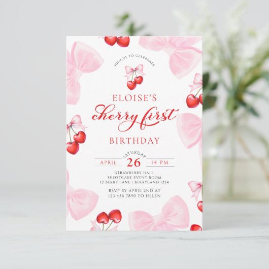 Coquette Cherry First Geburtstag Einladung (Stehend Vorderseite)