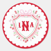 Coquette Cherry Monogram Wappen Brautparty Runder Aufkleber (Vorderseite)