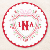 Coquette Cherry Monogram Wappen Brautparty Runder Pappuntersetzer (Vorderseite)