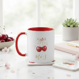 Coquette Cherry Pink Bow Mug Personalized Initials Tasse