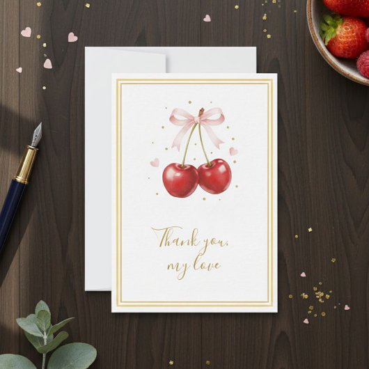 Coquette Cherry Thank You Card Pink Bow Gold Dankeskarte