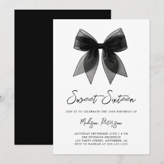 Coquette Chic Minimal Schwarze Schleife Sweet 16 G Einladung
