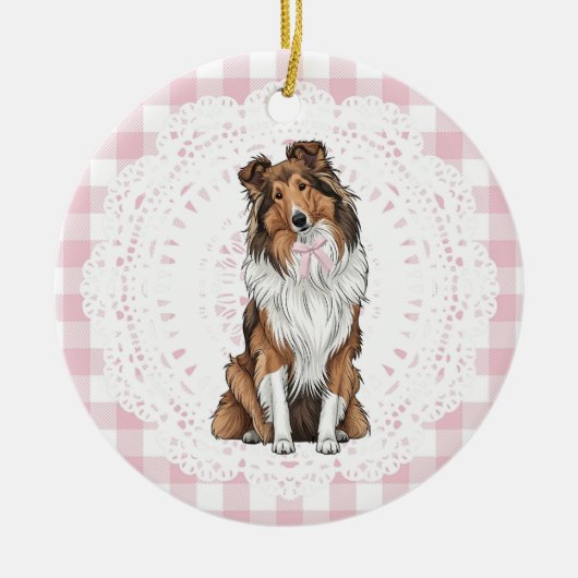 Coquette Collie Dog Pink Gingham Bows Keramik Ornament (Vorne)