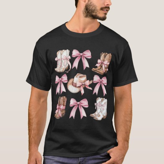 Coquette Cowgirl Stiefel mit rosa Bögen Ästhetik T-Shirt (Vorderseite)
