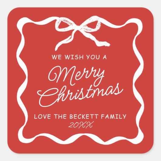 Coquette Curvy Ribbon & Bow Retro Merry Christmas Quadratischer Aufkleber (Vorderseite)