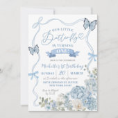 Coquette Dusty Blue Floral Butterfly Geburtstag Einladung (Vorderseite)