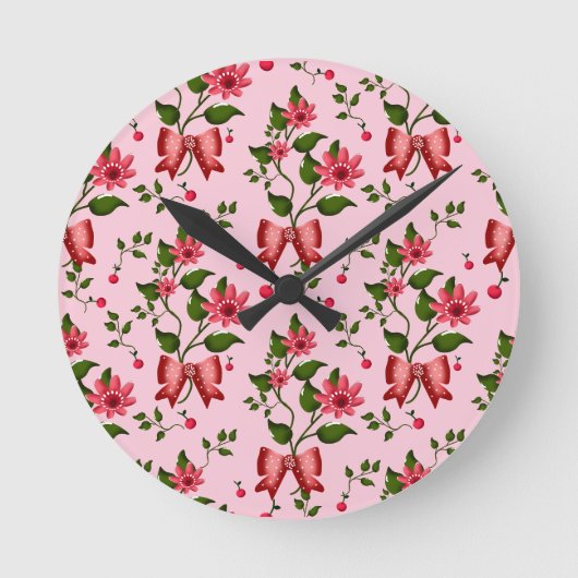  Coquette  floral Bow Pattern Wallpaper Runde Wanduhr (Vorderseite)