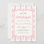 Coquette Floral Pink Bow Girl First Birthday Einladung (Vorderseite)