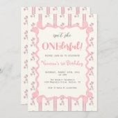 Coquette Floral Pink Bow Girl First Birthday Einladung (Vorne/Hinten)