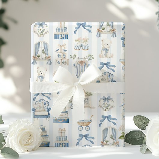Coquette French Nursery Carriage Baby Shower Blue Geschenkpapier