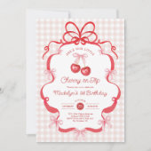 Coquette Gingham Cherry First 1st Birthday Party Einladung (Vorderseite)