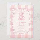 Coquette Gingham French Teddy Bear Baby Shower Einladung (Vorderseite)