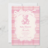 Coquette Gingham French Teddy Bear Baby Shower Einladung (Vorderseite)