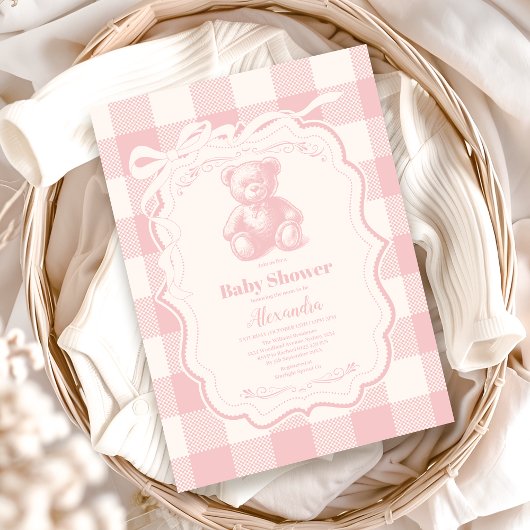 Coquette Gingham French Teddy Bear Baby Shower Einladung