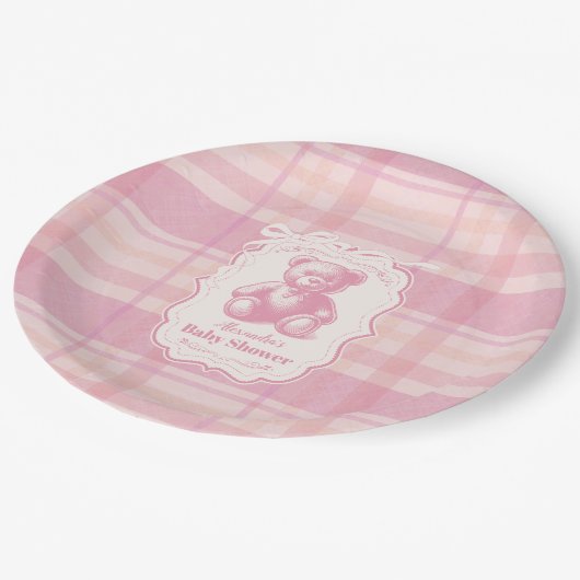 Coquette Gingham French Teddy Bear Baby Shower Pappteller (Schrägansicht)
