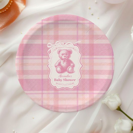 Coquette Gingham French Teddy Bear Baby Shower Pappteller