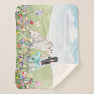 Coquette Girl and Dog Spring Meadow Sherpa Blanket Sherpadecke
