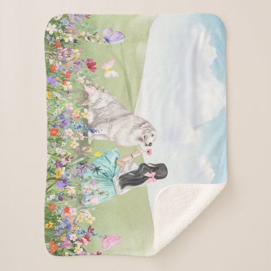 Coquette Girl and Dog Spring Meadow Sherpa Blanket Sherpadecke (Vorderseite)