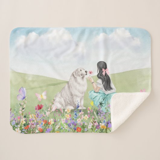 Coquette Girl and Dog Spring Meadow Sherpa Blanket Sherpadecke (Vorderseite (Horizontal))