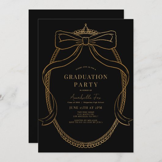 Coquette Gold Bow Ribbon Black Graduation Party Einladung (Vorne/Hinten)