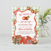 Coquette Green Kariert Bow Apple 1. Geburtstag Einladung (Stehend Vorderseite)