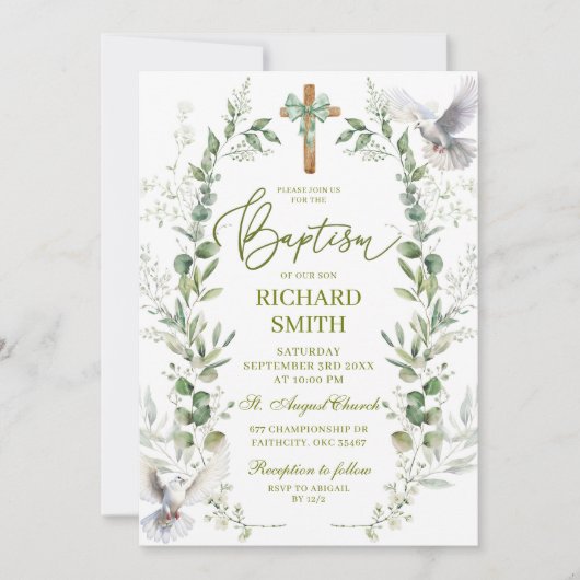 Coquette Greenery Taufe Einladung (Vorderseite)