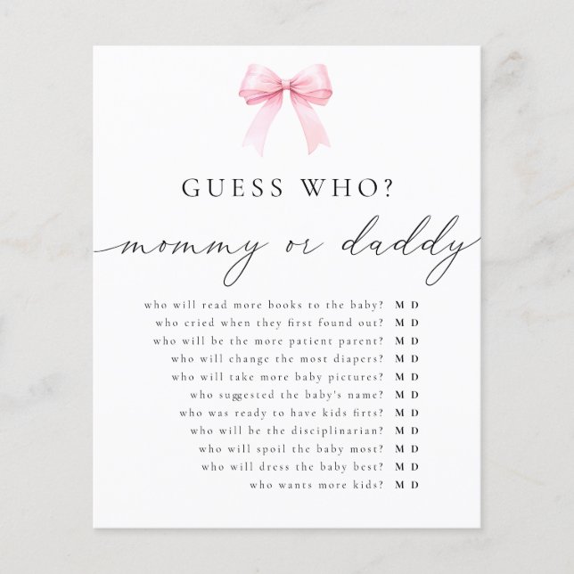 Coquette Guess Who Mommy or Daddy Baby Shower Game (Vorderseite)